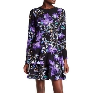 Amazingly beautiful & flowy Eliza J purple/black floral crepe long sleeve dress